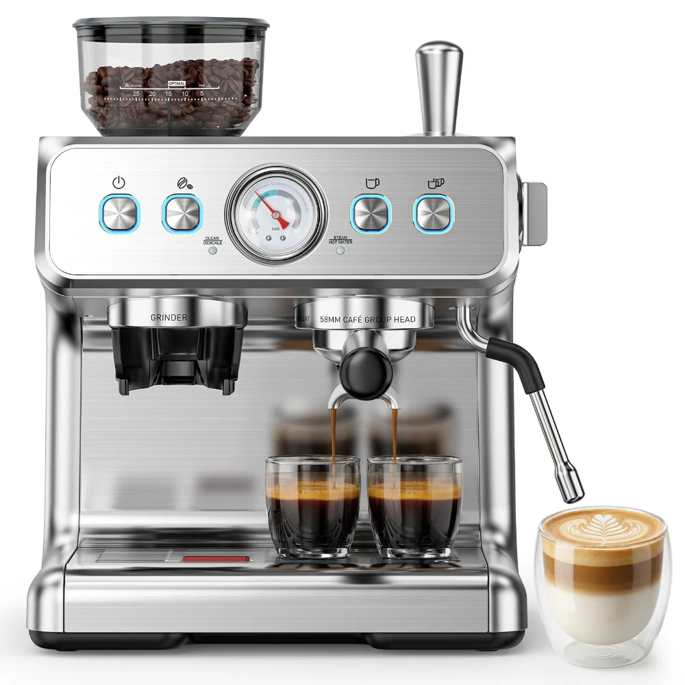 ELECTACTIC Espresso Machine with Grinder, 20 bar, Brushed Steel